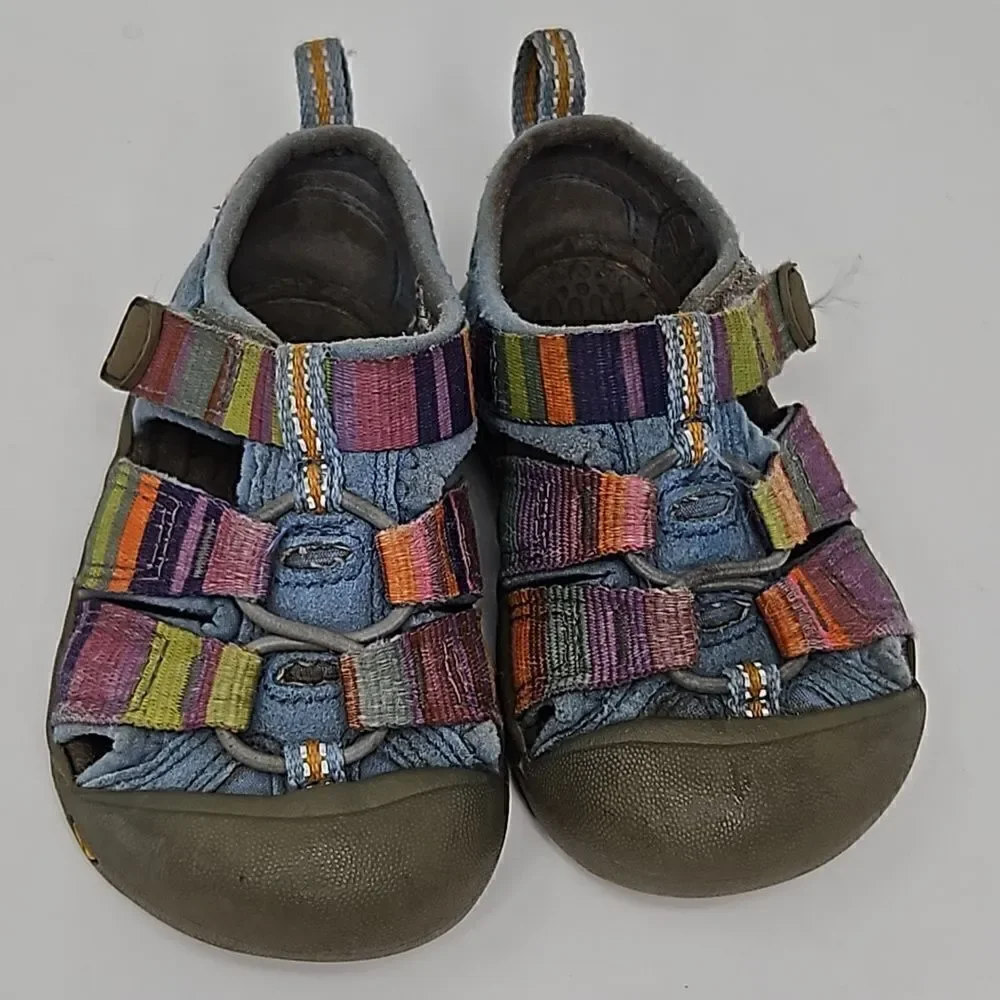Keen Girls Outdoor Watershoes Blue/Coliful Stripes Hook&Loop Adjustable Sz 5